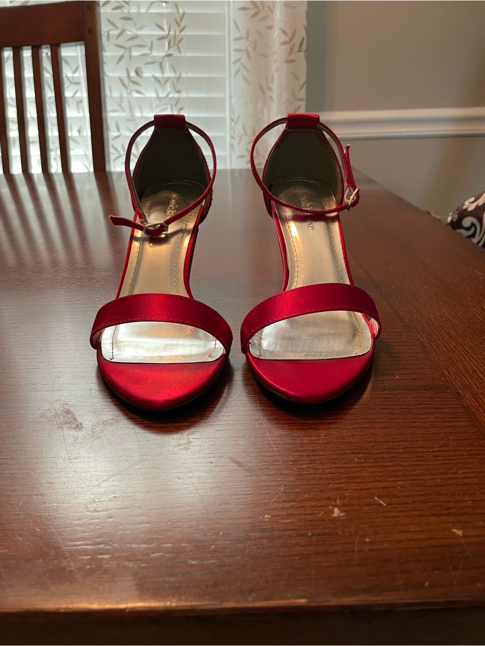 David's Bridal Red Satin Open-Toe Ankle-Strap Heels
